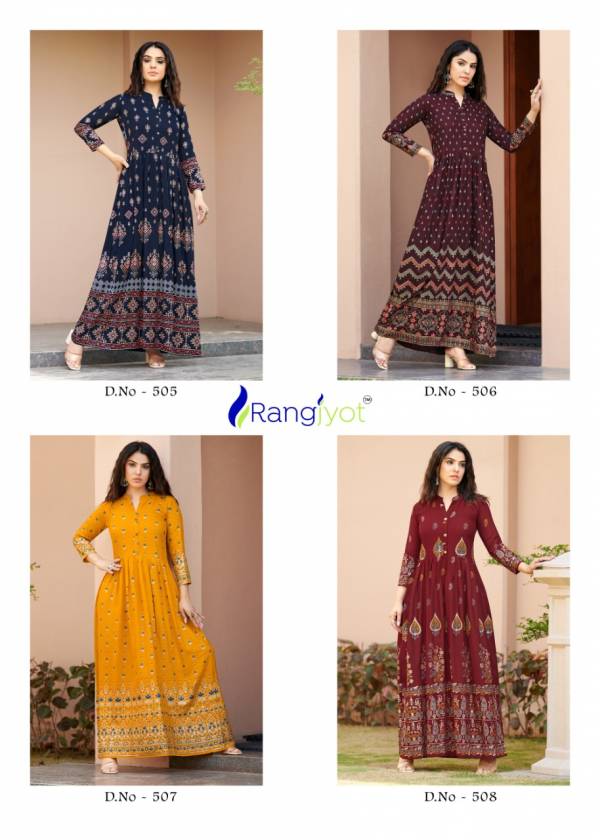 Rangjyot Sehnaaz 5 Fancy Ethnic Wear Rayon Printed Long Anarkali Kurti Collection